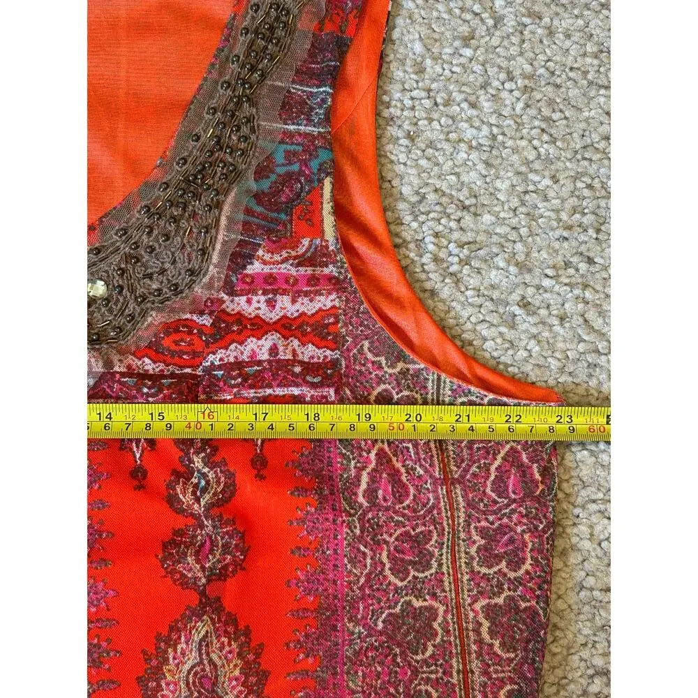 Reba Women’s 2X Boho Paisley Sleeveless Midi Dress Orange Embellished Plus Size